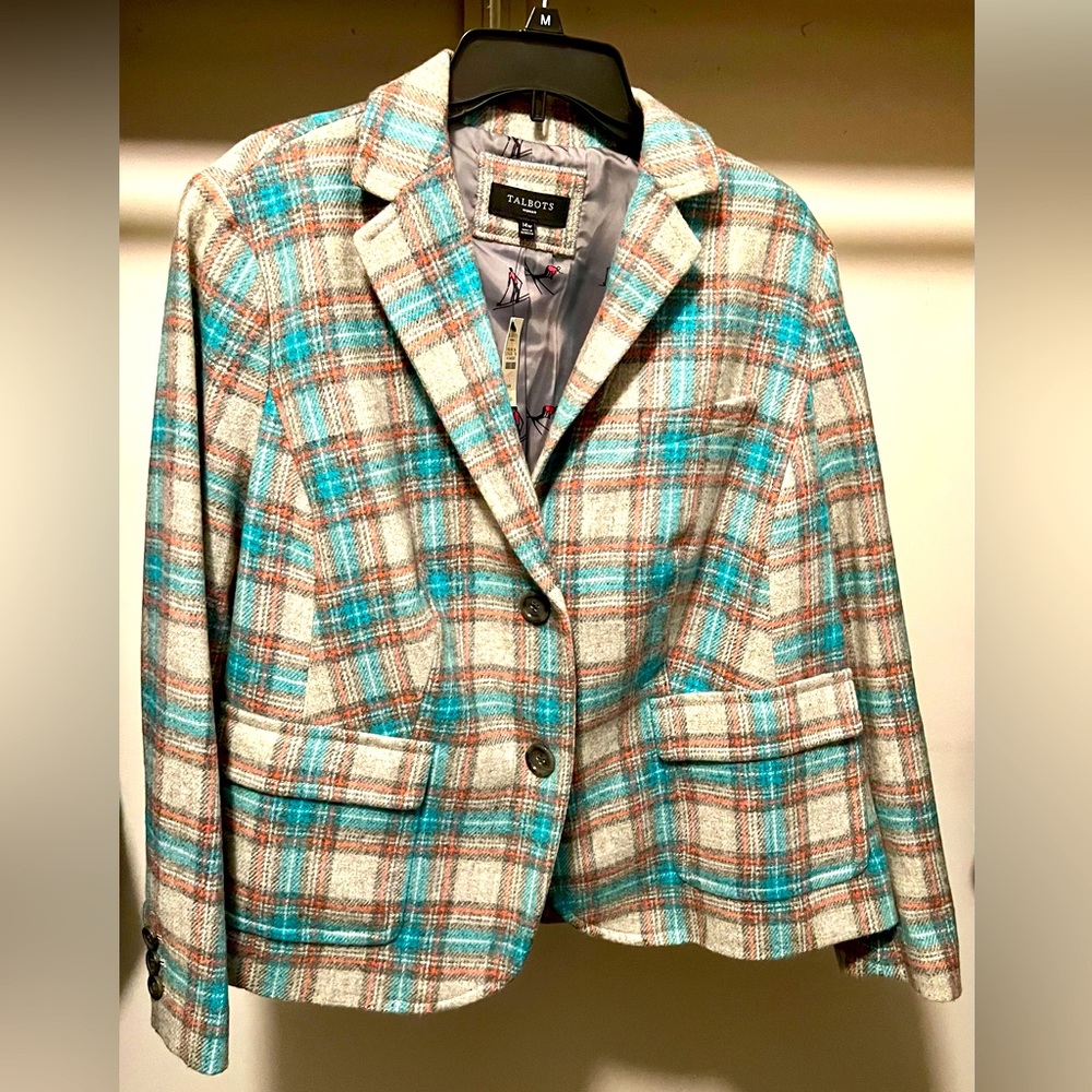 Talbots Women’s Gray/Peach/Blue Plaid Blazer